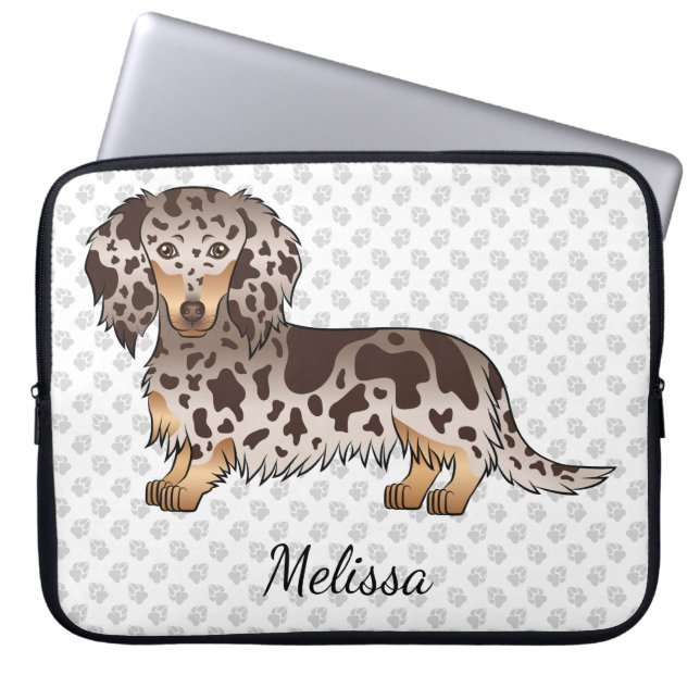 Chocolate & Tan Dapple Long Hair Dachshund & Name Laptop Sleeve (Front)