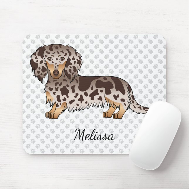 Chocolate & Tan Dapple Long Hair Dachshund & Name Mouse Mat (With Mouse)
