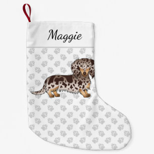 Chocolate & Tan Dapple Long Hair Dachshund & Name Small Christmas Stocking