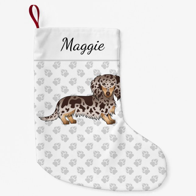 Chocolate & Tan Dapple Long Hair Dachshund & Name Small Christmas Stocking (Front)