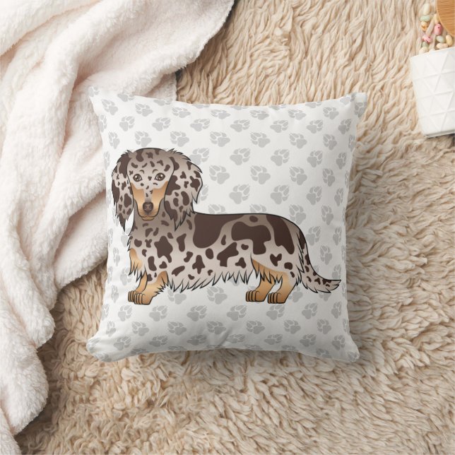 Chocolate & Tan Dapple Long Hair Dachshund & Paws Cushion (Blanket)