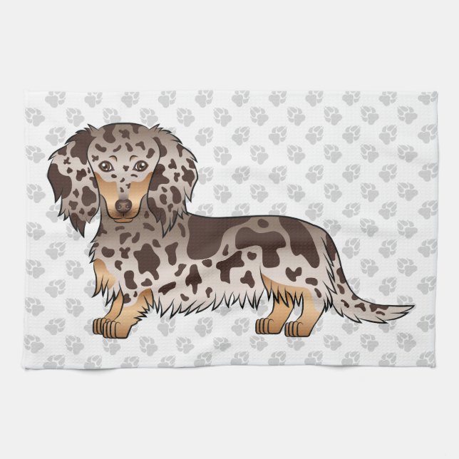 Chocolate & Tan Dapple Long Hair Dachshund & Paws Tea Towel (Horizontal)