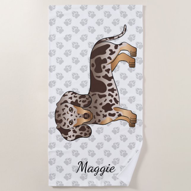 Chocolate & Tan Dapple Short Hair Dachshund & Name Beach Towel (Front)