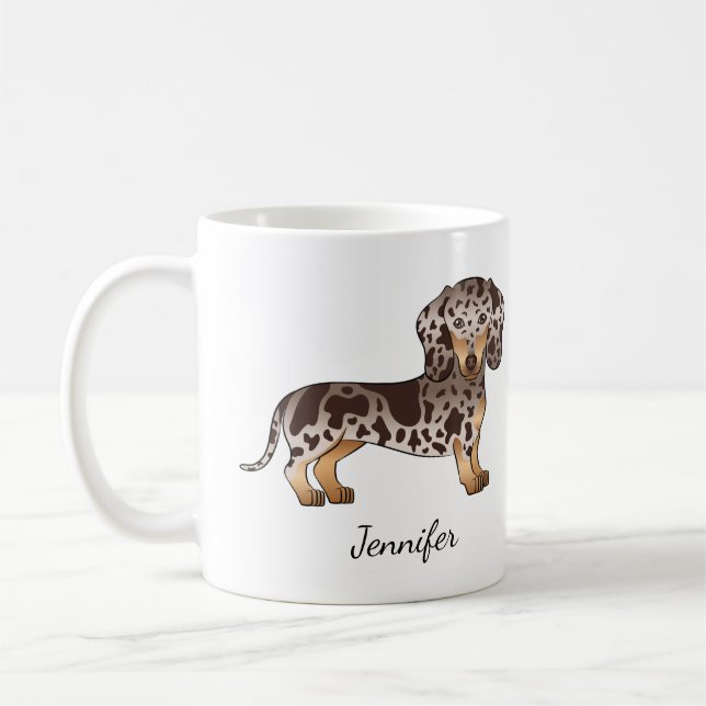 Chocolate & Tan Dapple Short Hair Dachshund & Name Coffee Mug (Left)
