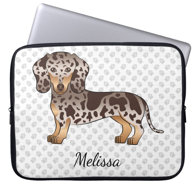 Chocolate & Tan Dapple Short Hair Dachshund & Name Laptop Sleeve (Front)