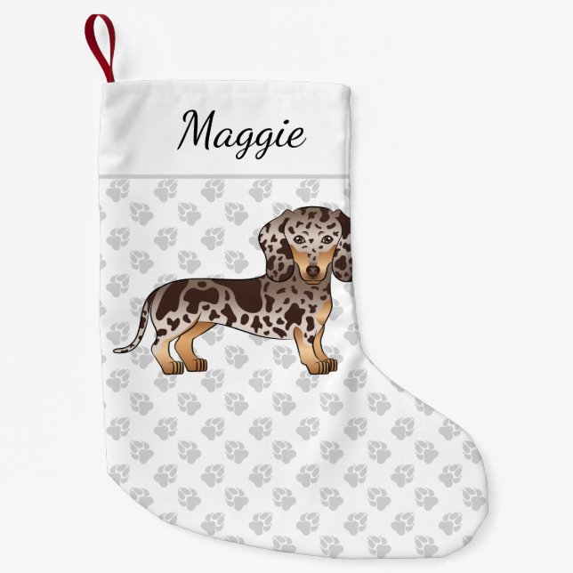 Chocolate & Tan Dapple Short Hair Dachshund & Name Small Christmas Stocking (Front)