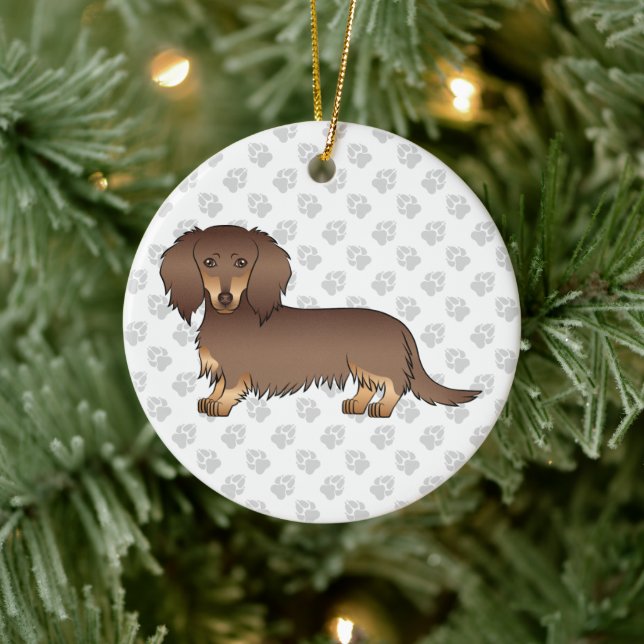 Chocolate & Tan Long Hair Dachshund Cartoon Dog Ceramic Tree Decoration (Tree)