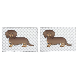 Chocolate & Tan Long Hair Dachshund Cartoon Dog Pillowcase