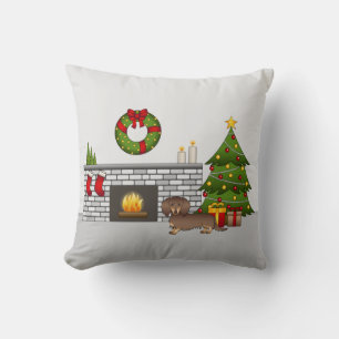 Chocolate & Tan Long Hair Dachshund Christmas Room Cushion