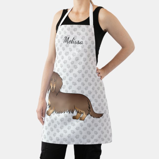 Chocolate & Tan Long Hair Dachshund Dog & Name Apron (Insitu)