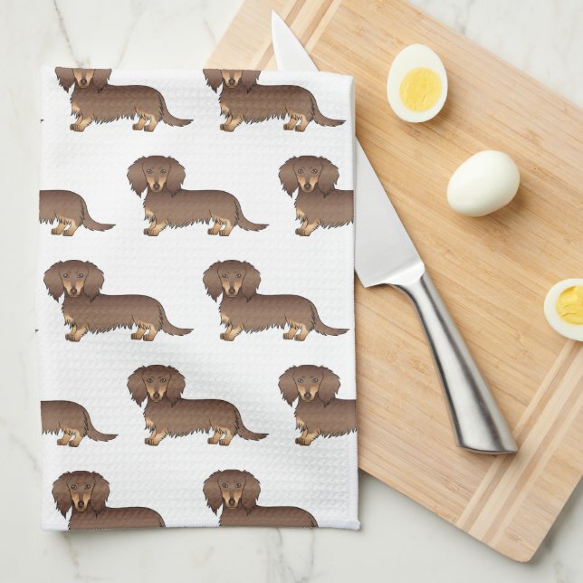 Chocolate & Tan Long Hair Dachshund Dog Pattern Tea Towel (Quarter Fold)