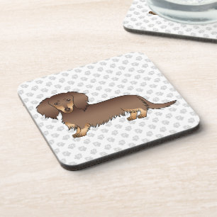 Chocolate & Tan Long Hair Dachshund Dog & Paws Coaster