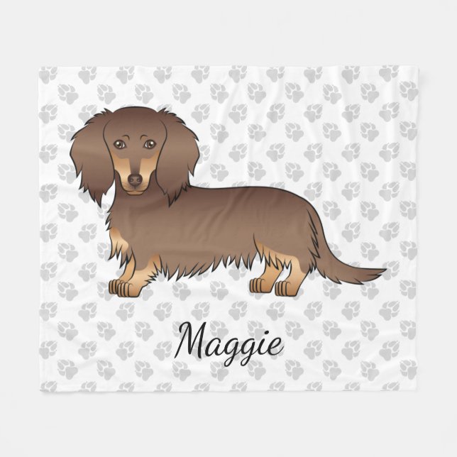 Chocolate & Tan Long Hair Dachshund Dog & Paws Fleece Blanket (Front (Horizontal))