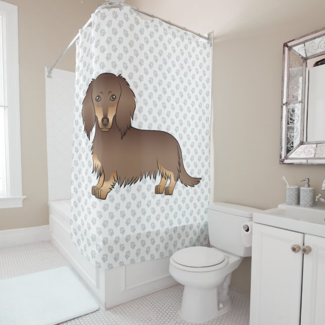 Chocolate & Tan Long Hair Dachshund Dog & Paws Shower Curtain (In Situ)