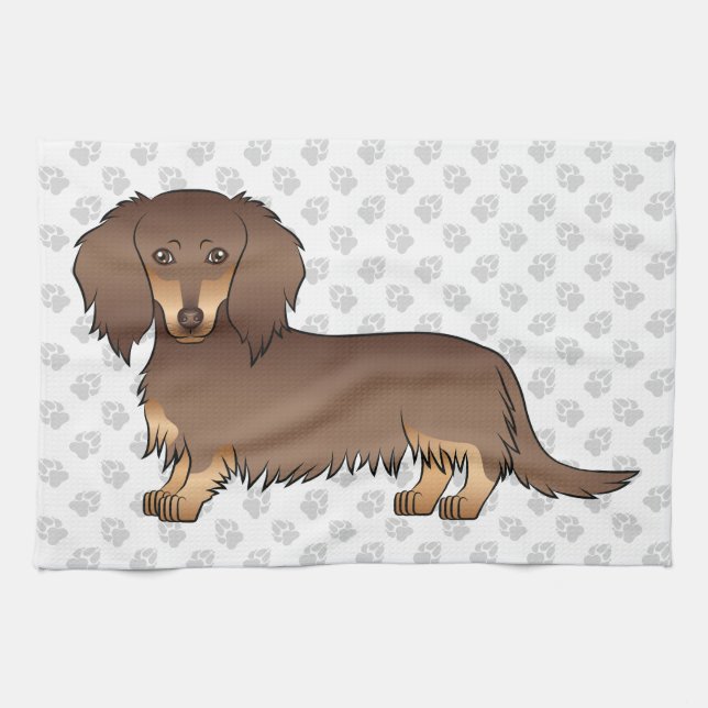 Chocolate & Tan Long Hair Dachshund Dog & Paws Tea Towel (Horizontal)