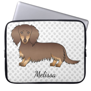 Chocolate & Tan Long Hair Dachshund Dog & Text Laptop Sleeve