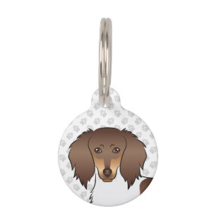 Chocolate & Tan Piebald Long Hair Dachshund Head Pet Tag