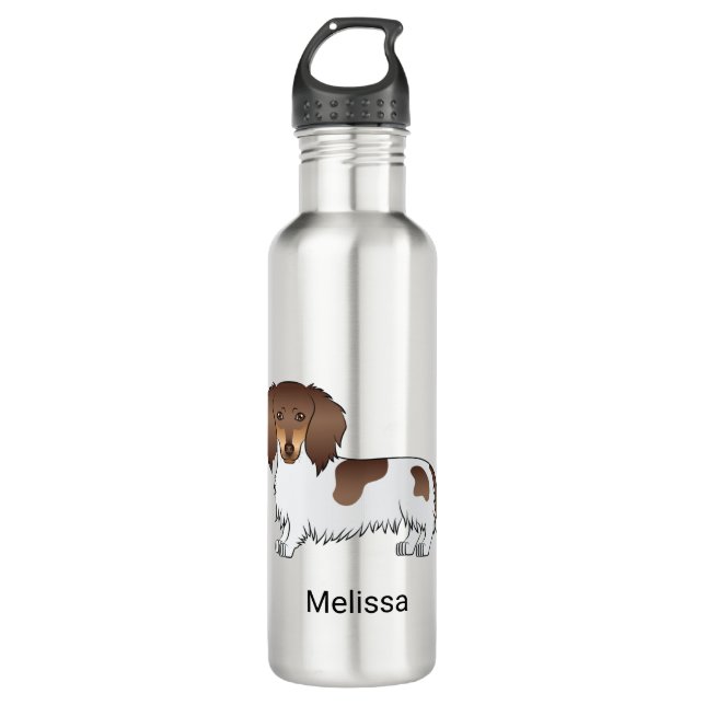 Chocolate & Tan Piebald Long Hair Dachshund & Name 710 Ml Water Bottle (Front)