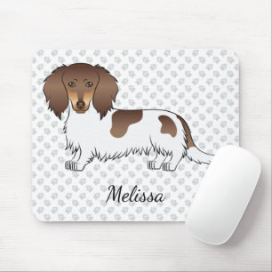 Chocolate & Tan Piebald Long Hair Dachshund & Name Mouse Mat