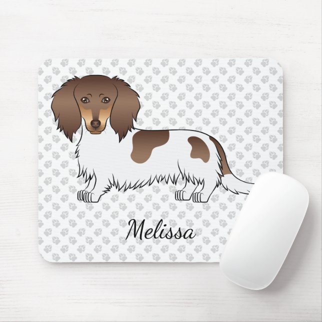 Chocolate & Tan Piebald Long Hair Dachshund & Name Mouse Mat (With Mouse)
