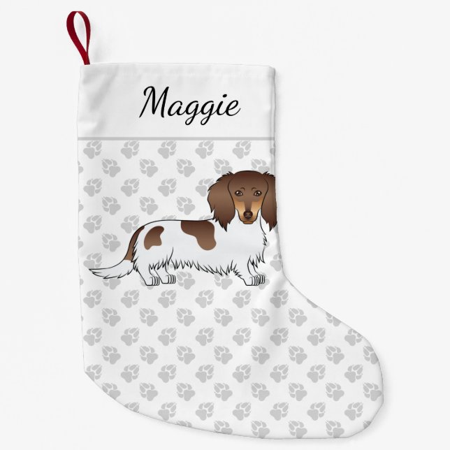 Chocolate & Tan Piebald Long Hair Dachshund & Name Small Christmas Stocking (Front)