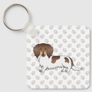 Chocolate & Tan Piebald Long Hair Dachshund & Paws Key Ring