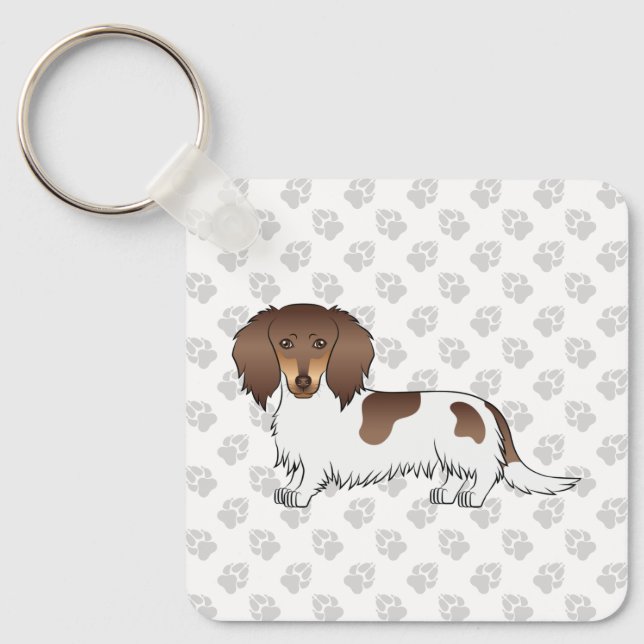 Chocolate & Tan Piebald Long Hair Dachshund & Paws Key Ring (Front)