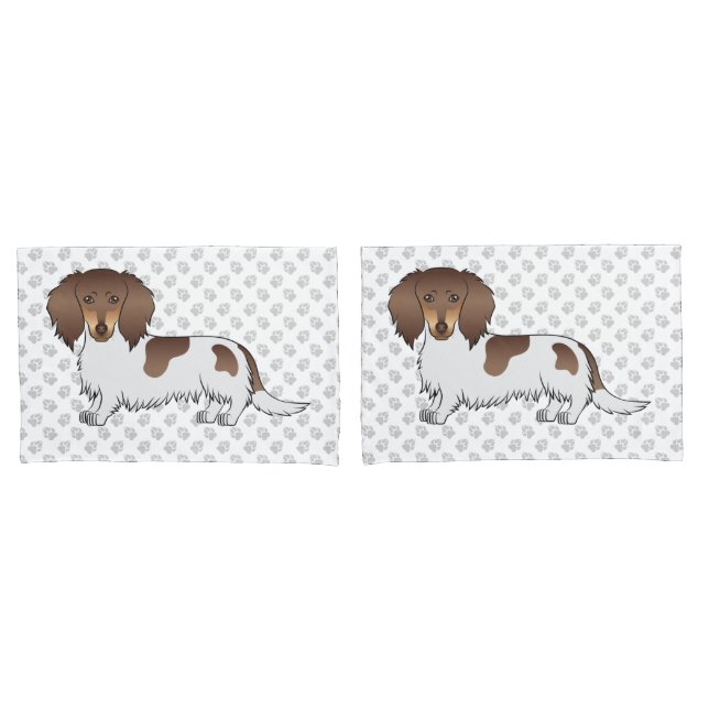 Chocolate & Tan Piebald Long Hair Dachshund & Paws Pillowcase (Front-Set)