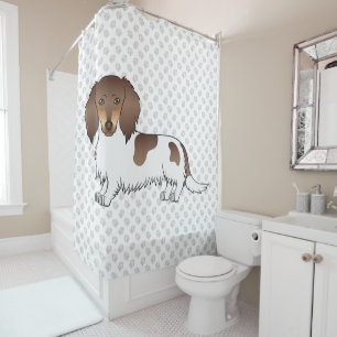 Chocolate & Tan Piebald Long Hair Dachshund & Paws Shower Curtain