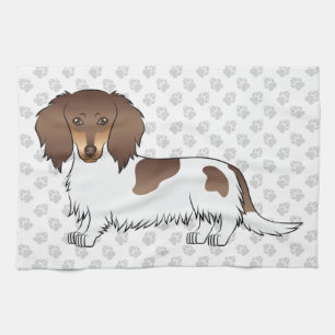 Chocolate & Tan Piebald Long Hair Dachshund & Paws Tea Towel