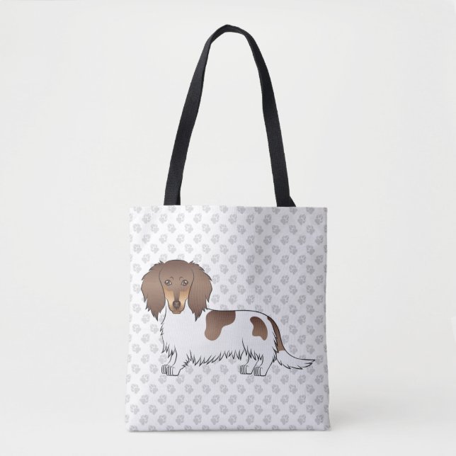 Chocolate & Tan Piebald Long Hair Dachshund & Paws Tote Bag (Front)
