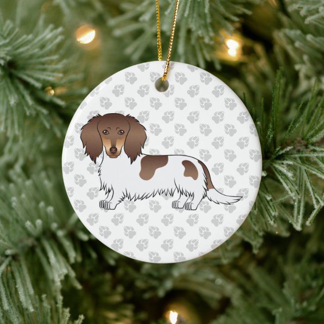 Chocolate & Tan Piebald Long Hair Dachshund & Text Ceramic Tree Decoration (Tree)