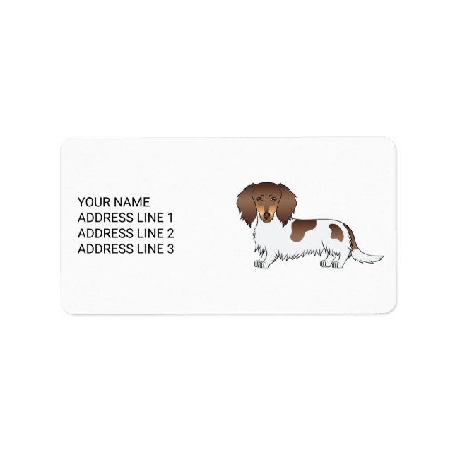 Chocolate & Tan Piebald Long Hair Dachshund & Text Label (Front)