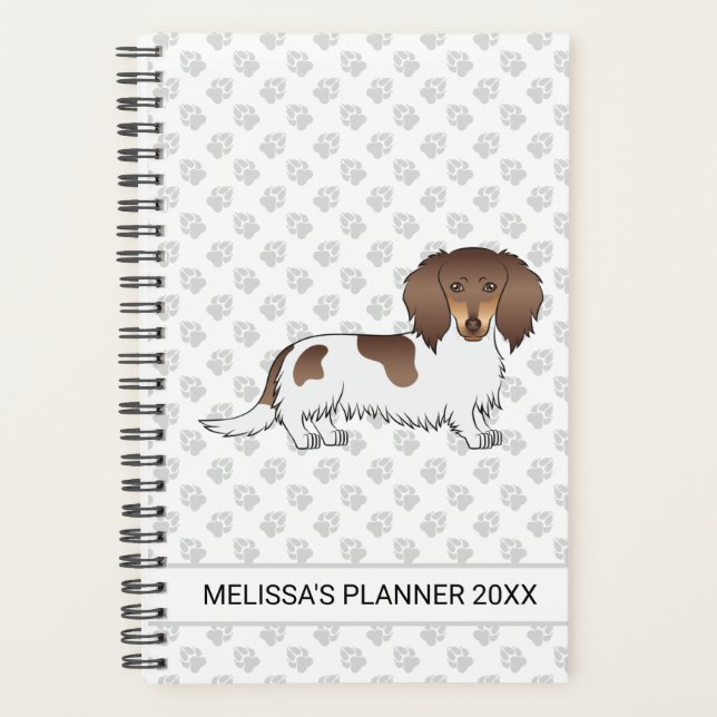 Chocolate & Tan Piebald Long Hair Dachshund & Text Planner (Front)