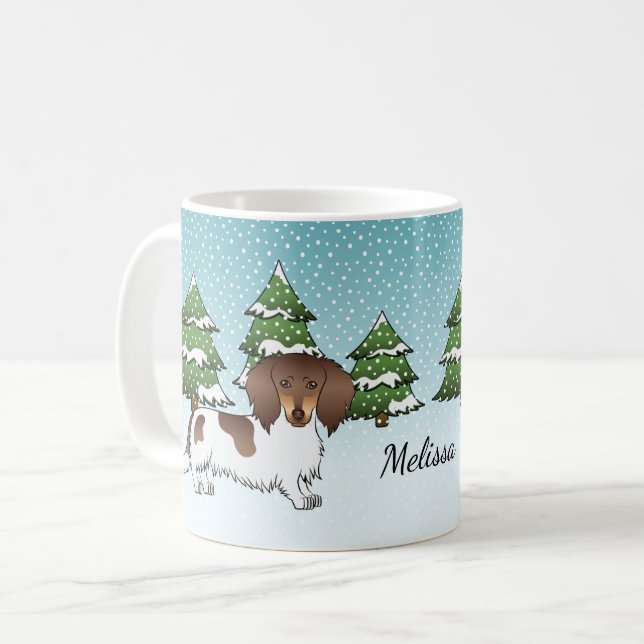 Chocolate & Tan Pied Long Hair Dachshund In Winter Coffee Mug (Front Left)