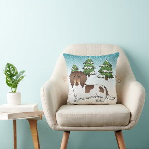 Chocolate & Tan Pied Long Hair Dachshund In Winter Cushion