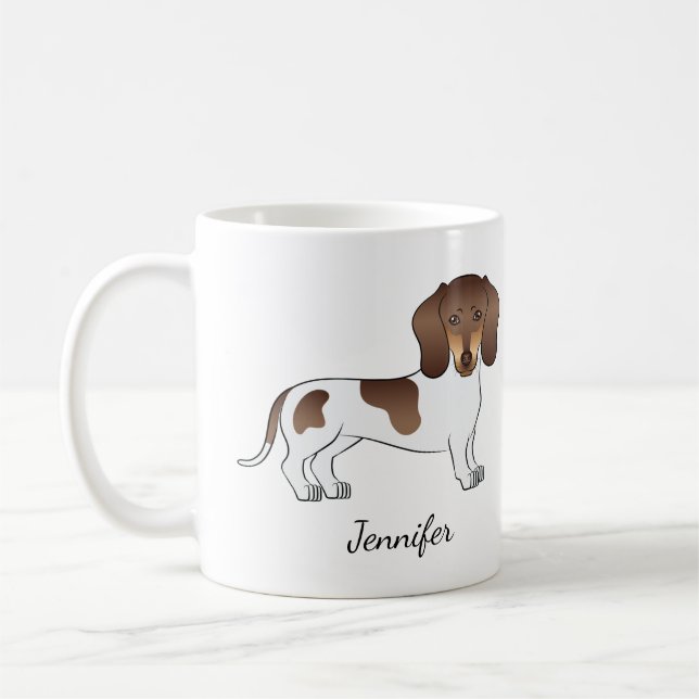 Chocolate & Tan Pied Short Hair Dachshund & Name Coffee Mug (Left)