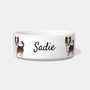 Chocolate Tricolor Long Coat Chihuahua Dog & Name Bowl