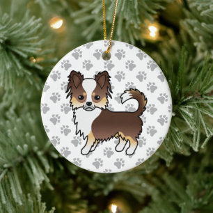 Chocolate Tricolor Long Coat Chihuahua Dog & Paws Ceramic Tree Decoration