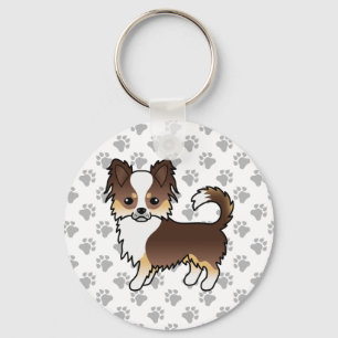 Chocolate Tricolor Long Coat Chihuahua Dog & Paws Key Ring