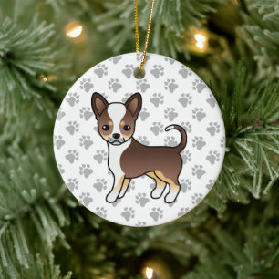 Chocolate Tricolor Smooth Coat Chihuahua & Paws Ceramic Tree Decoration