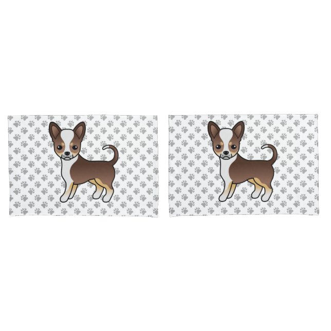 Chocolate Tricolor Smooth Coat Chihuahua & Paws Pillowcase (Front-Set)