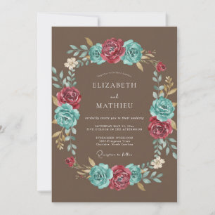 Chocolate Turquoise Wreath Wedding Invitation
