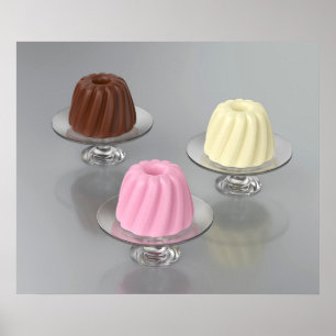 Chocolate, vanilla and strawberry puddings on glas poster