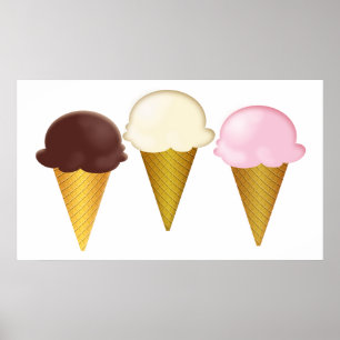 Chocolate, Vanilla & Strawberry Ice Cream Cones Poster