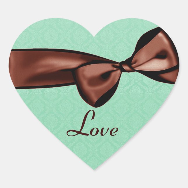 Chocolate  Wedding Bow GREEN Damask Heart Sticker (Front)