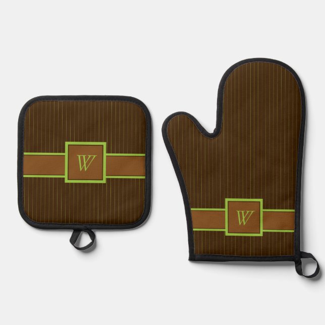 Chocolate with Lime Pinstripes Oven Mitt & Pot Holder Set (Front)