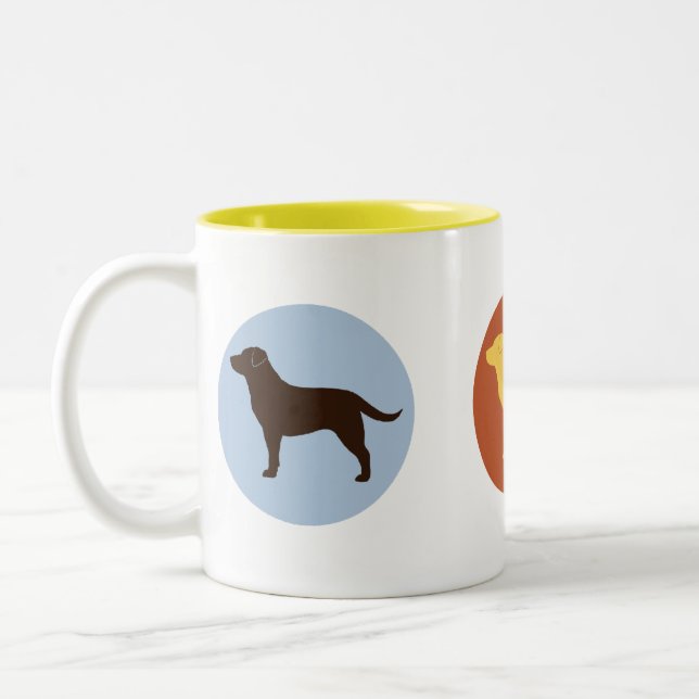Chocolate, Yellow, and Black Labrador Retrievers Two-Tone Coffee Mug (Left)