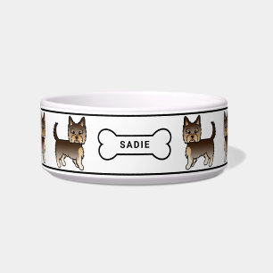 Chocolate Yorkie Terrier Dogs With Bone & Name Bowl