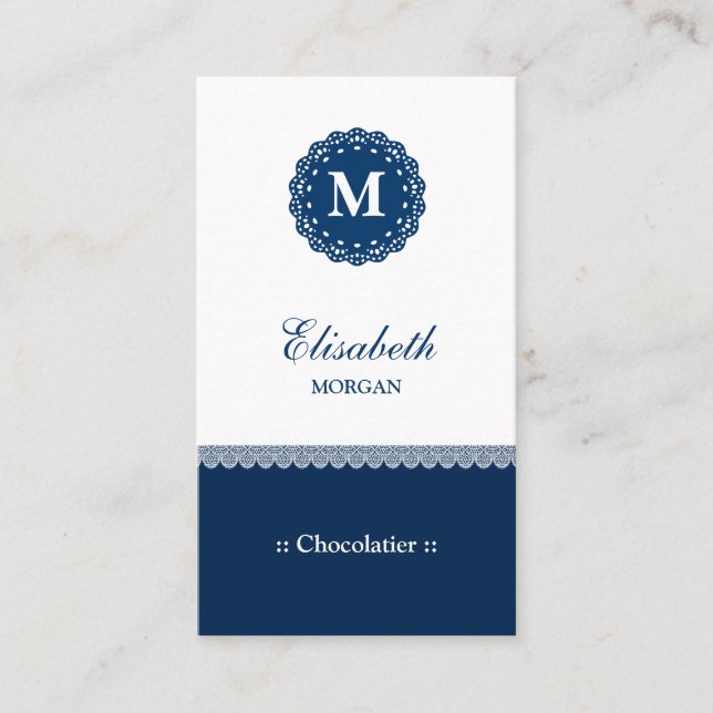 Chocolatier Elegant Blue Lace Monogram Business Card (Front)